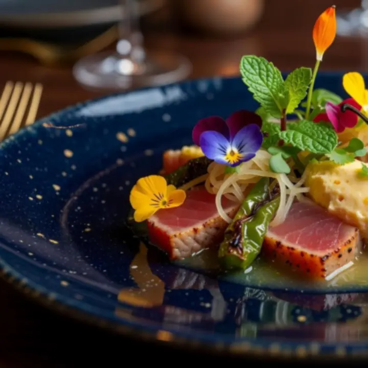 Detalhe de prato de gastronomia contemporânea portuguesa, com empratamento elegante.