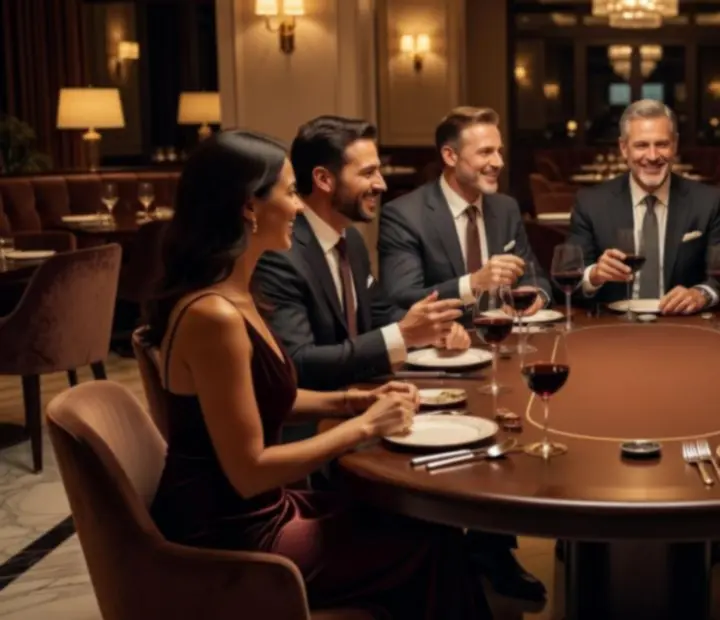 Convidados bem vestidos a sorrir e a jogar poker num restaurante sofisticado.