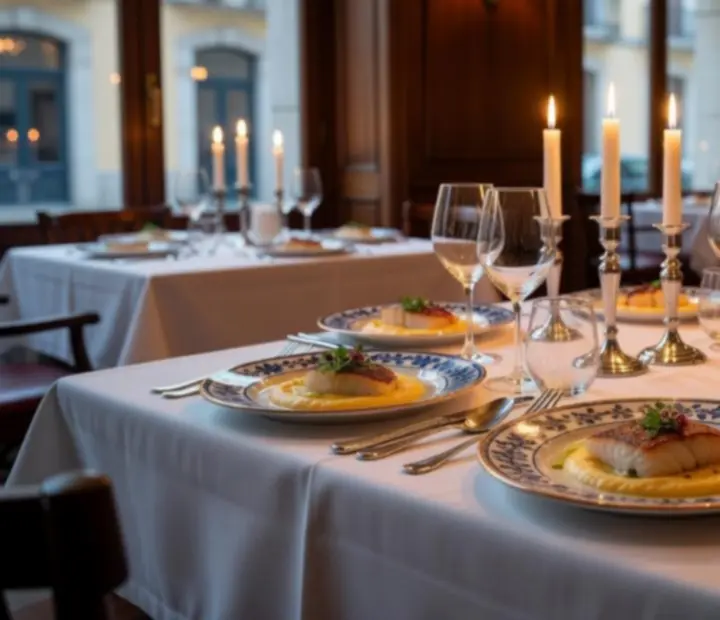 Mesa elegante com prato de alta cozinha portuguesa num ambiente intimista.