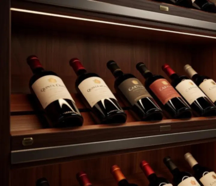 Detalhe de garrafeira iluminada com rótulos de vinhos portugueses.
