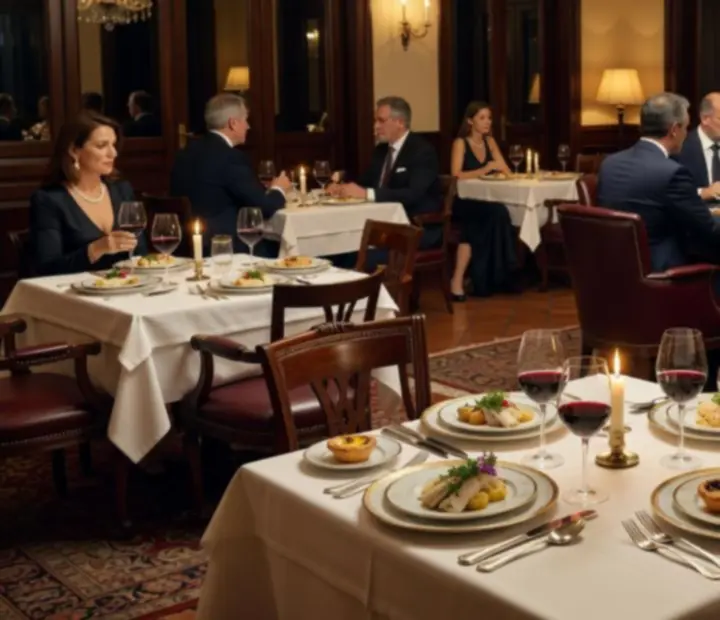 Gourmet dining table in a luxury setting with a poker table in the background, lit by candlelight.