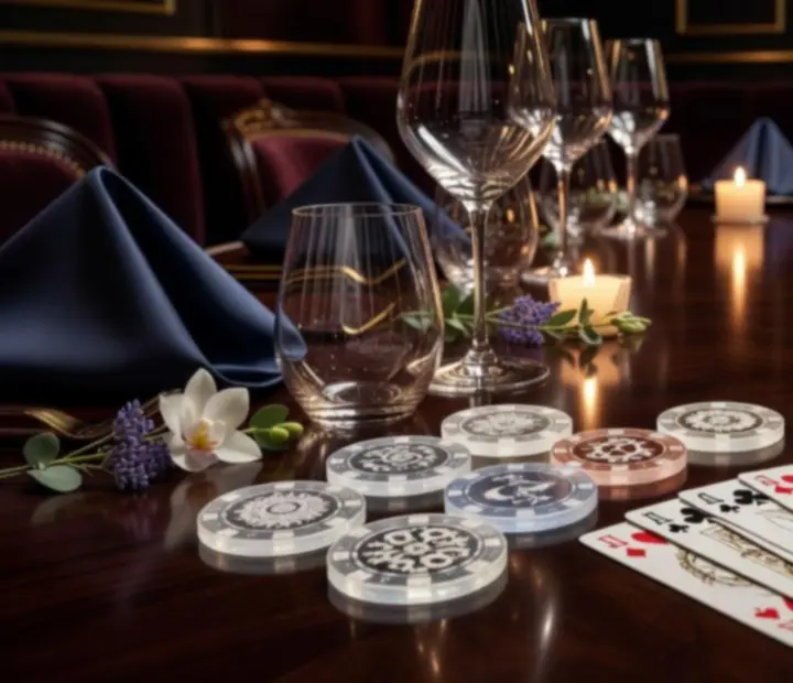 Mesa de poker elegante com cartas, fichas simbólicas, velas e copos de vinho num ambiente intimista.