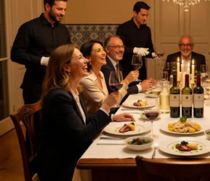 Guests toasting during a gourmet dinner in a luxury restaurant setting.