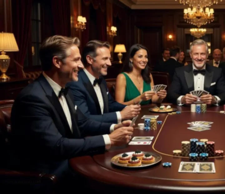 Mesa de poker cuidadosamente preparada num espaço de restaurante sofisticado, com ambiente acolhedor.