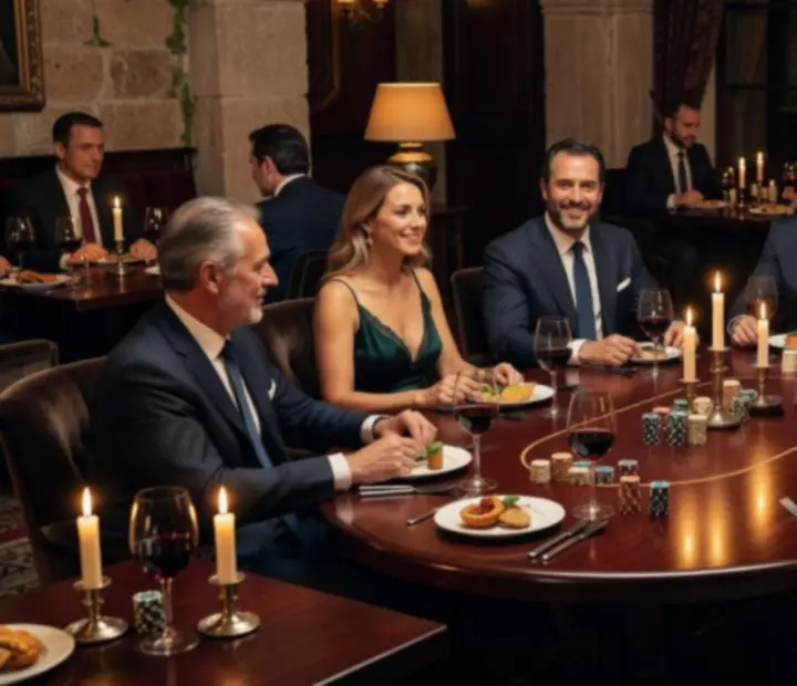Vista geral de uma noite de poker offline num restaurante elegante em Portugal.