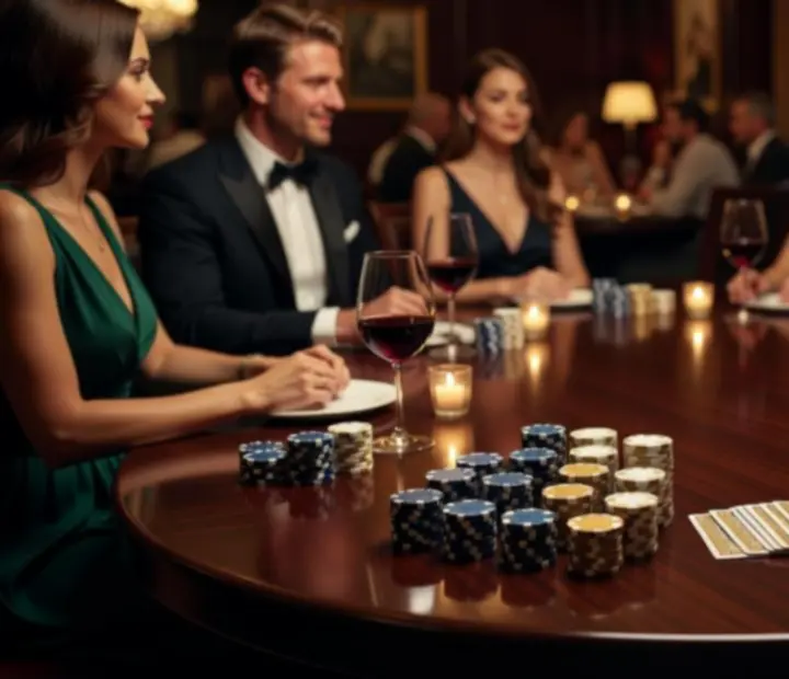 Elegant poker table with symbolic chips and well-dressed guests in a luxury restaurant setting.