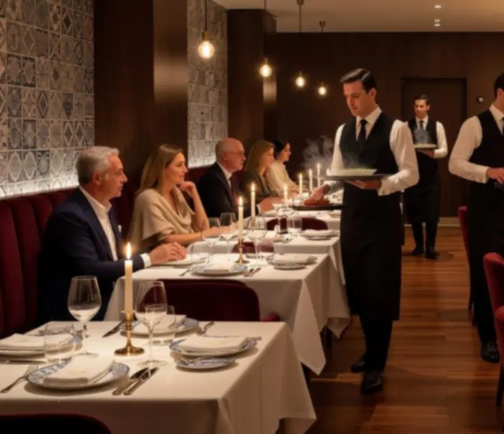 Ambiente elegante do restaurante com mesas iluminadas e atmosfera acolhedora.