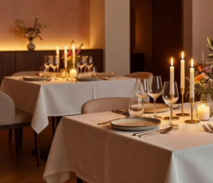 Mesa de restaurante elegante preparada para jantar gourmet