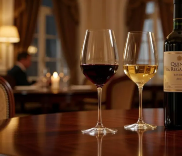 Copo de vinho português e cocktail artesanal num balcão elegante