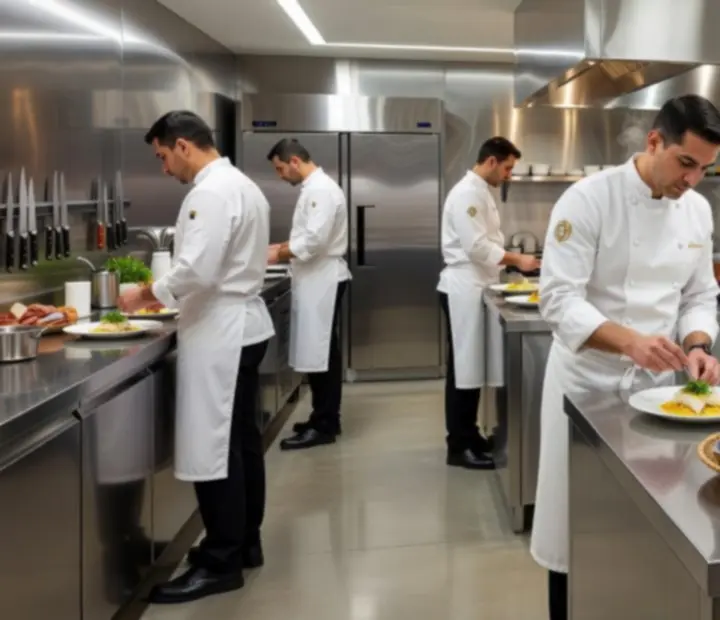 Cozinha de restaurante gourmet impecavelmente higienizada e organizada.