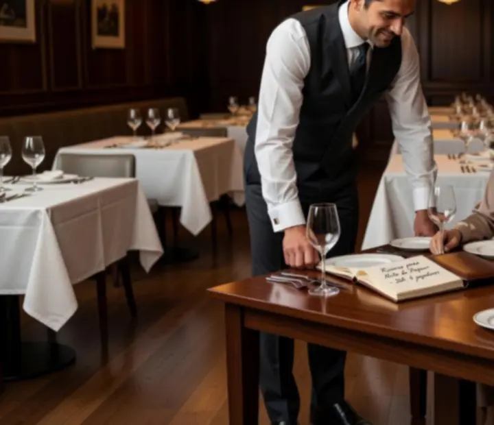 Colaborador do restaurante a anotar uma reserva num ambiente elegante.