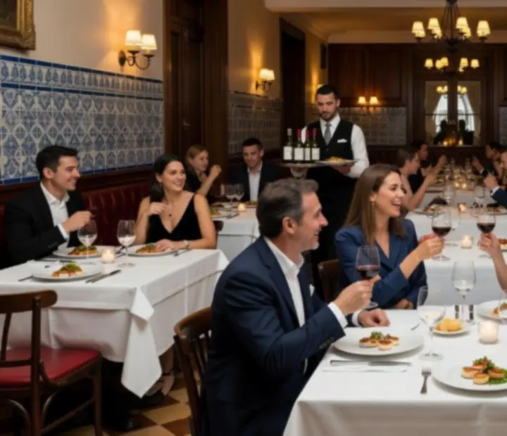 Sala principal de restaurante, com mesas de jantar preparadas num ambiente sofisticado.