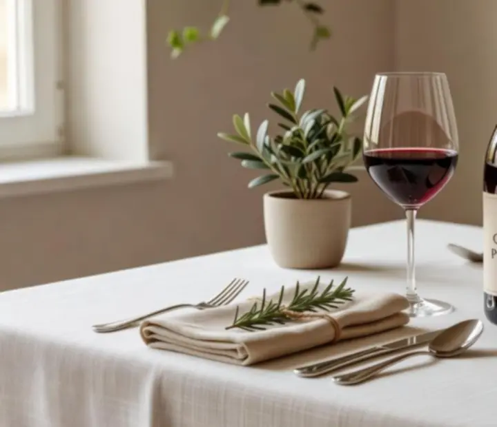 Garrafa e copo de vinho biológico português sobre uma mesa elegante.