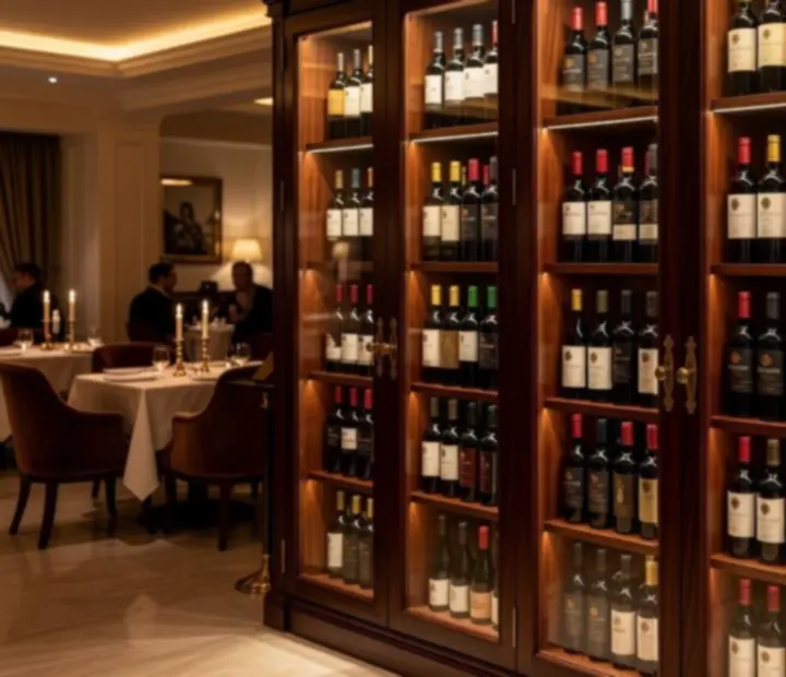 Garrafeira elegante com prateleiras de vinhos portugueses num restaurante gourmet.